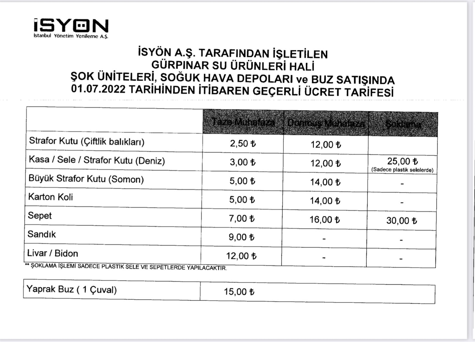 İSYÖN DEPO BUZ ÜCRETLERİ